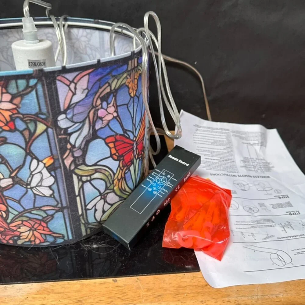 Butterfly Stained Glass Lamp, Art Nouveau Lighting Hanging Drum Lamp Light
